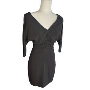 Womens Elegant Black V-Neck Dress With 3/4 Sleeves & Ruched By Guess Size S